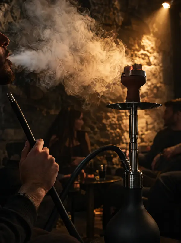 Gast mit Shisha, Rauch im Gegenlicht